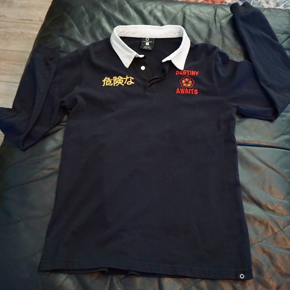 Empyre Black Long Sleeve Rugby Polo Shirt Men’s Size Small. Dragon Skull Kanji